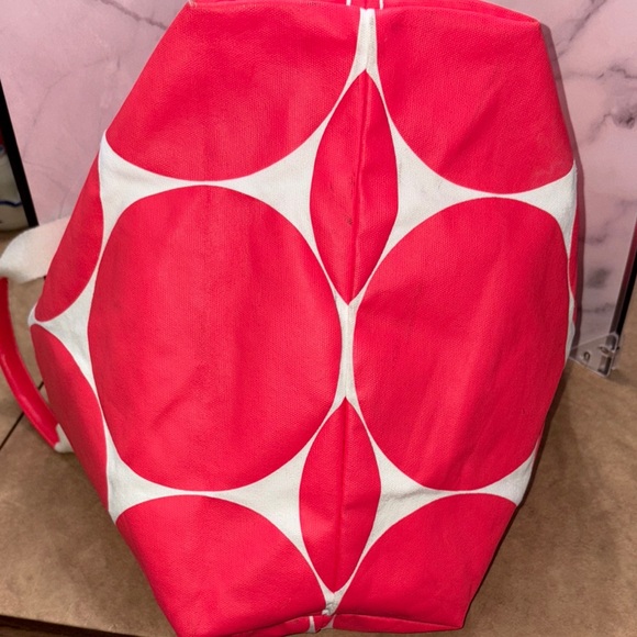 Kate Spade Red Circle Print Canvas Tote Bag with Leather Trim GUC - Picture 5 of 13